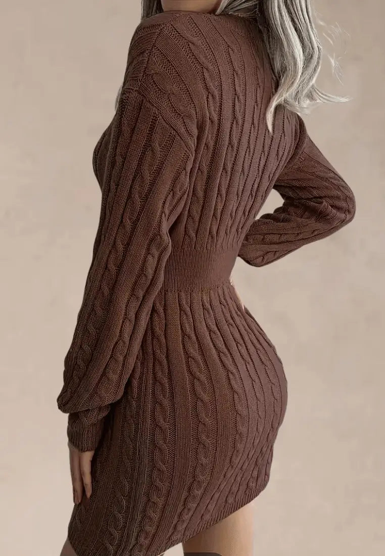 Ženska elegantna mini haljina od pletenog pletiva s V-izrezom, pripijenim rebrastim strukom i dugim rukavima - mekana rastezljiva pripijena džemper-haljina s teksturiranim detaljima za elegantno-ležerno prigodno odijevanje u jesen i zimu