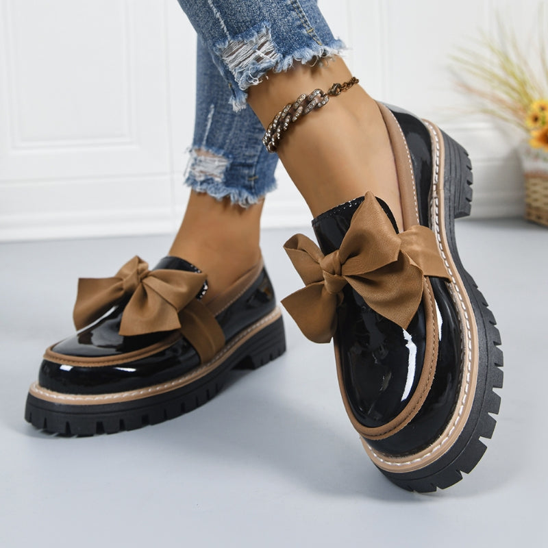 Women’s Patent Look Platform Loafers Bow Detail Slip-On Shoes