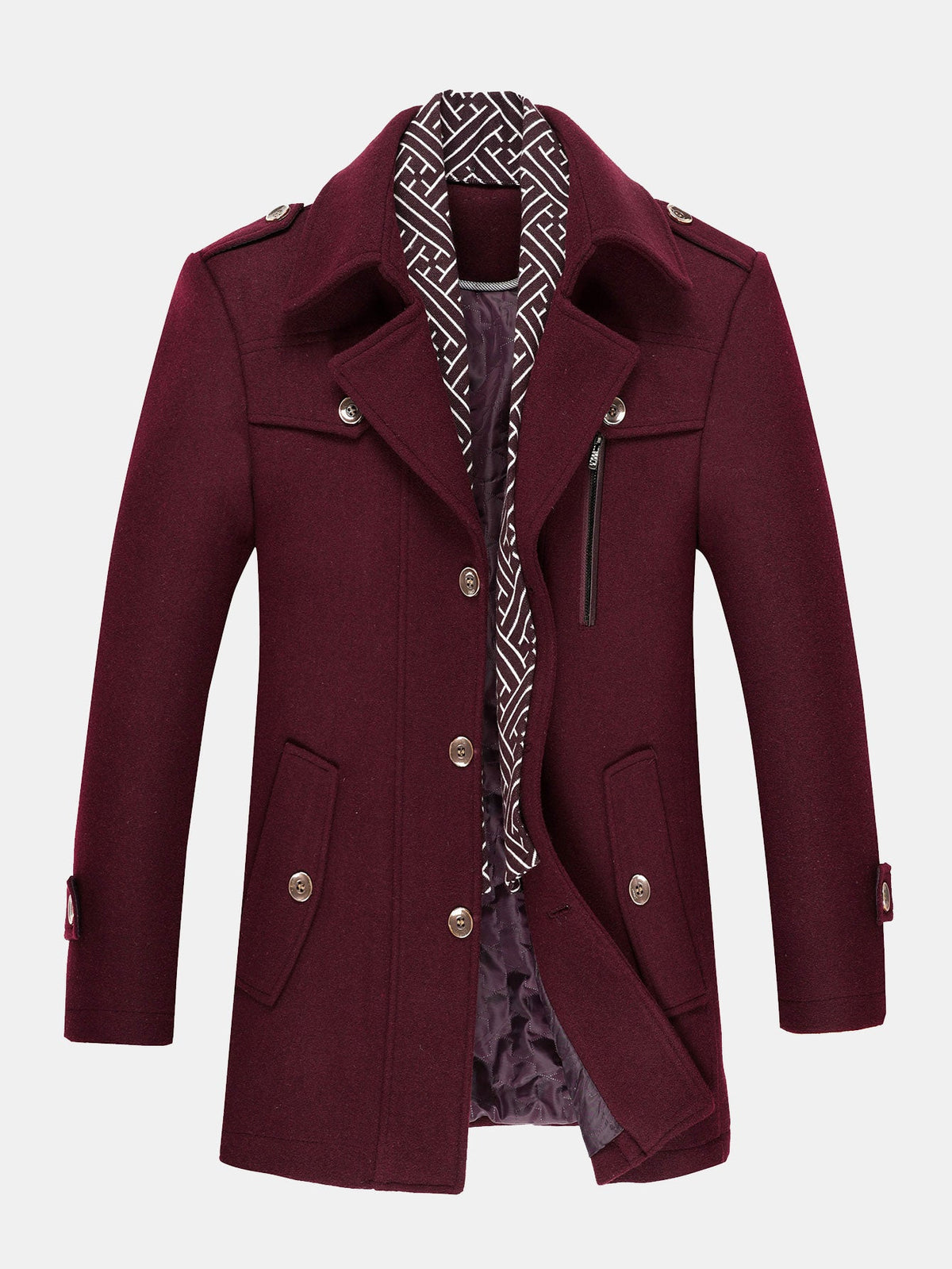 Abrigo acolchado de mezcla de lana para hombre con cuello de bufanda desmontable - Abrigo de invierno entallado de doble capa para vestir elegante e informal