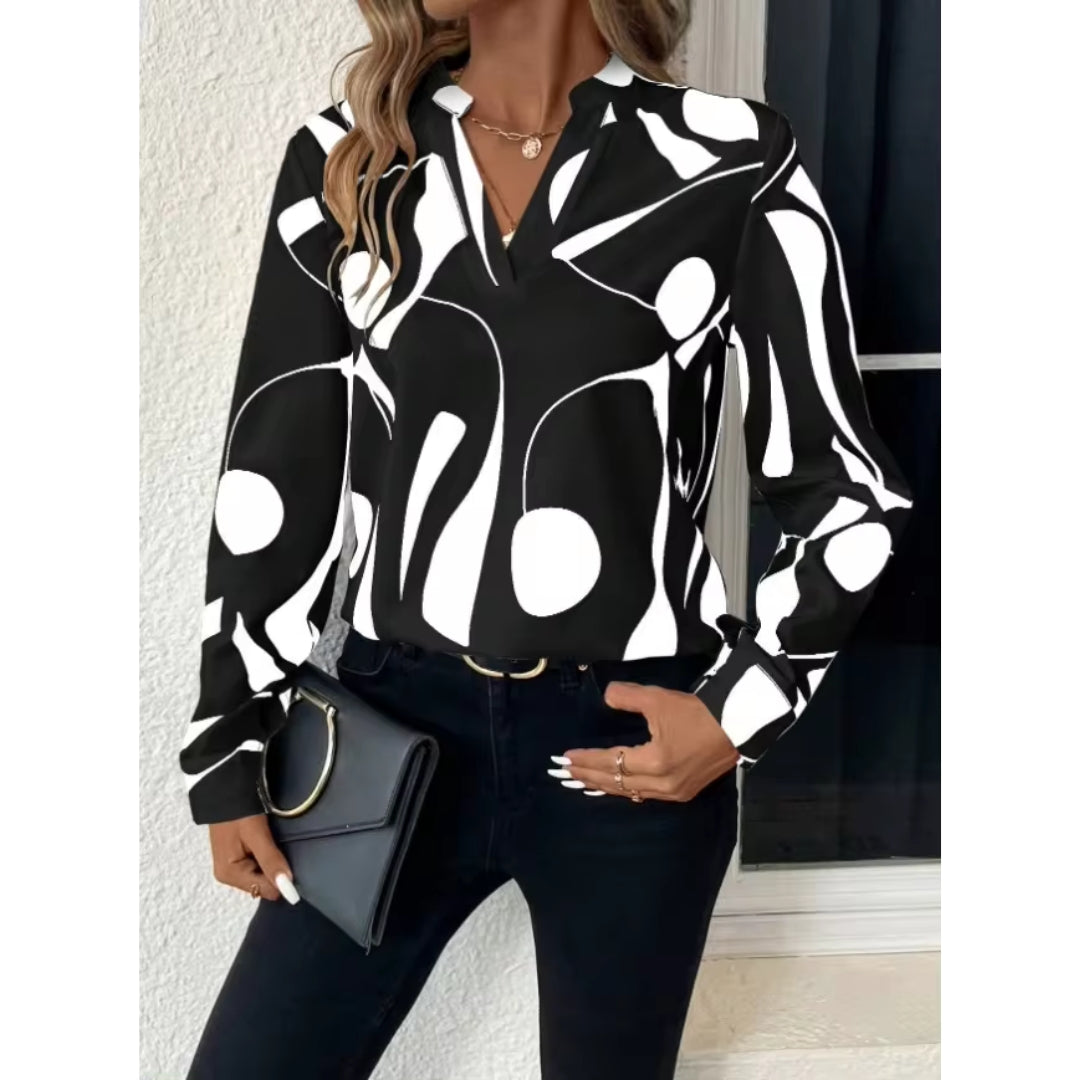 Women’s Abstract Print V-Neck Blouse – Relaxed Long-Sleeve Style for Smart Casual Wear