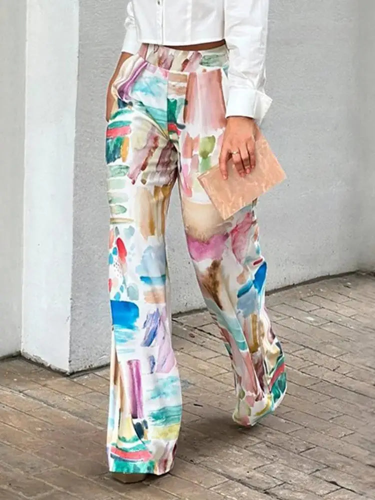Women’s Printed Wide-Leg Trousers – High-Waisted Cotton-Blend Style for Spring and Summer Everyday Wear