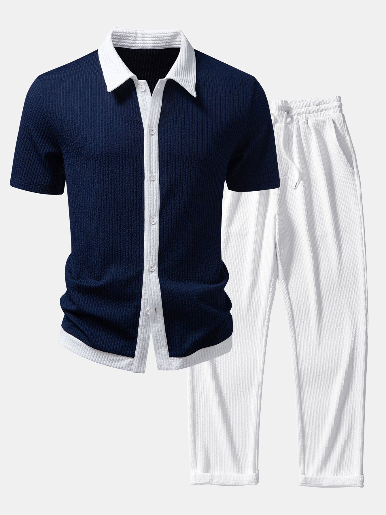 Men’s Stretch Ribbed Shirt and Straight-Leg Trouser Set for Smart Casual Wear