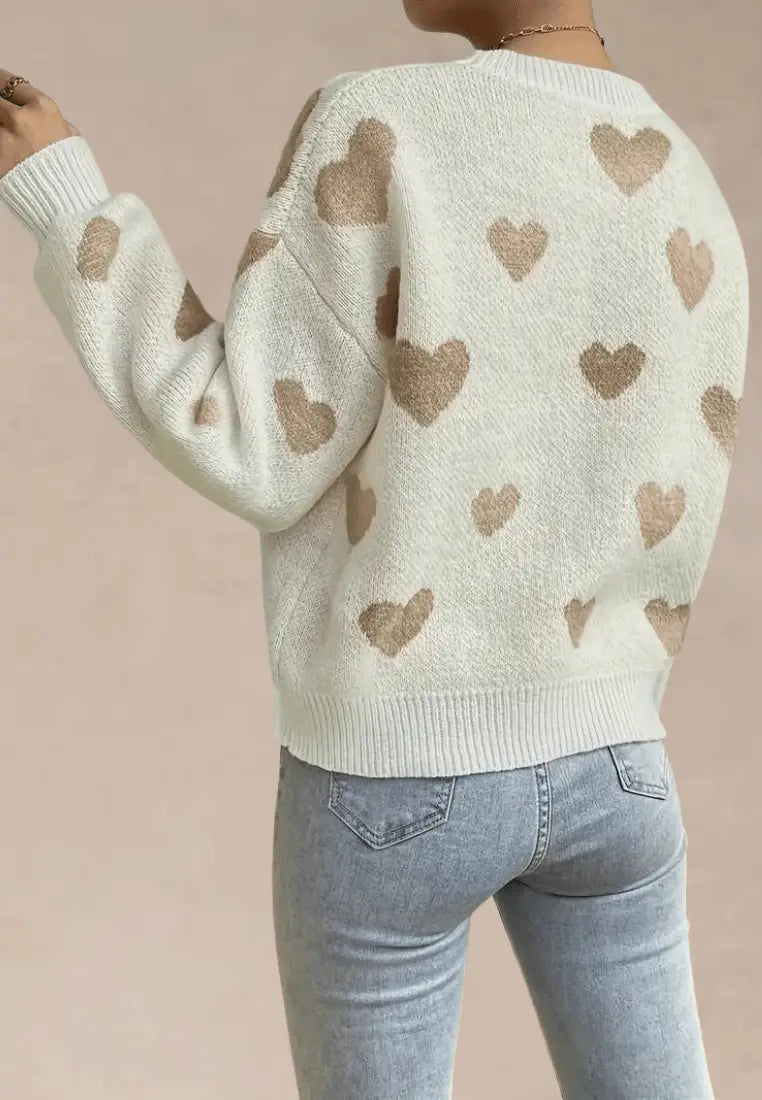 Pulover tricotat de damă cu model cu inimioare - tricot lejer cu decolteu rotund, mâneci lungi și margini reiate, pentru toamnă și iarnă