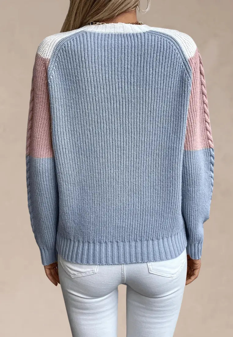 Damenpullover mit Colorblock-Design und Zopfmuster – Strukturierter Strickpullover mit Rundhalsausschnitt und langen Ärmeln für Herbst und Winter