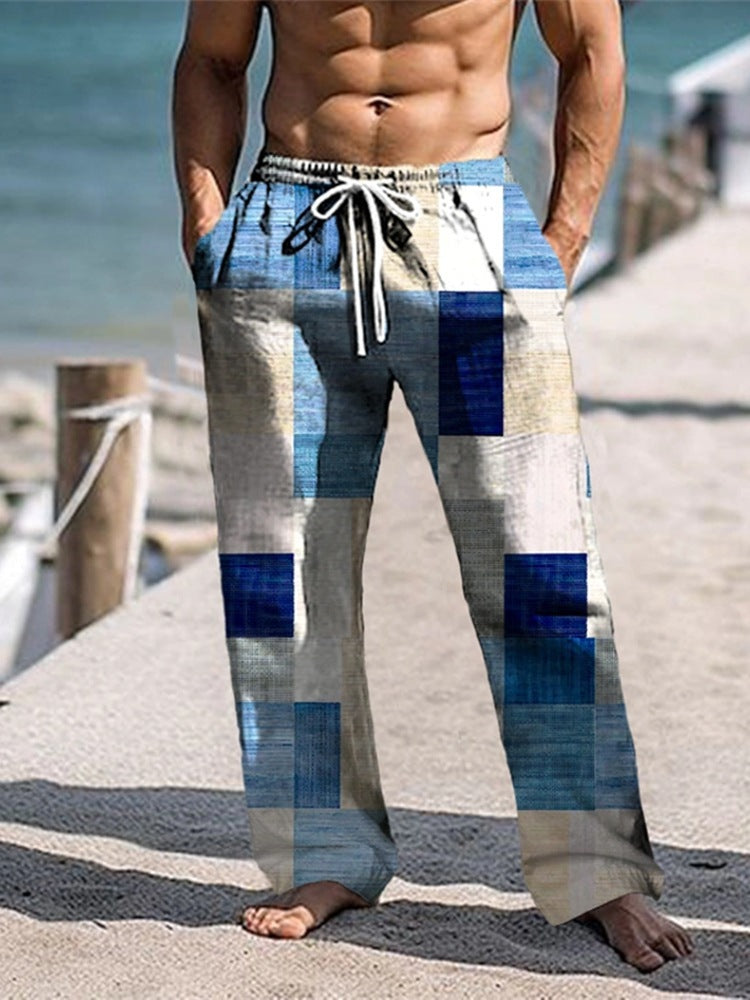 Men’s Patchwork Cotton-Linen Trousers – Relaxed Drawstring Pants for Casual Summer Wear