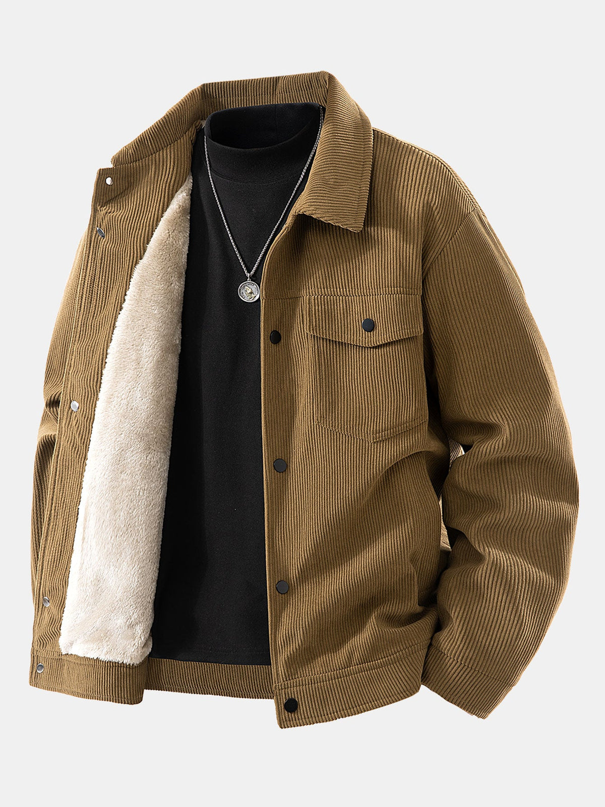 Veste camionneur en velours côtelé pour homme, doublée en polaire teddy, avec poches poitrine – Vêtement d’extérieur décontracté et chaud pour l’hiver