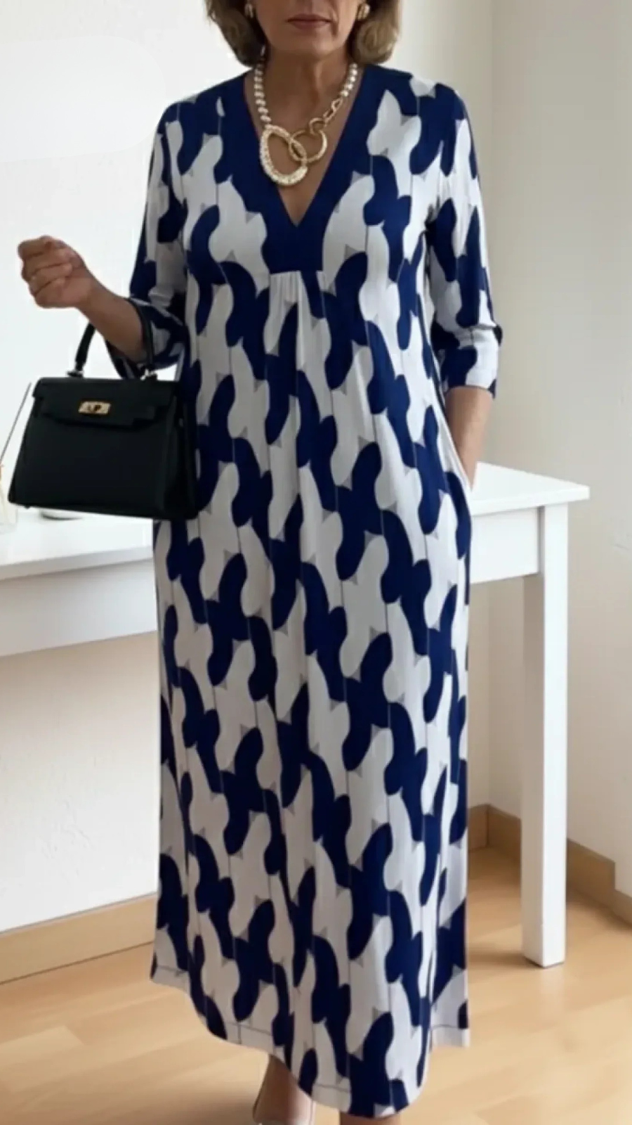 Women’s Printed Maxi Dress V Neck Three Quarter Sleeves