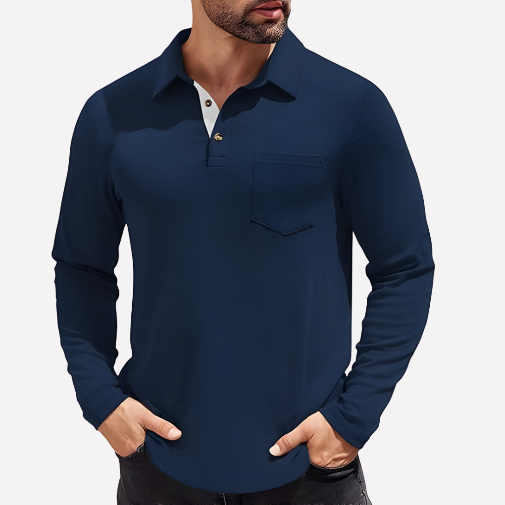 Men’s Long Sleeve Polo Shirt Chest Pocket Casual Fit