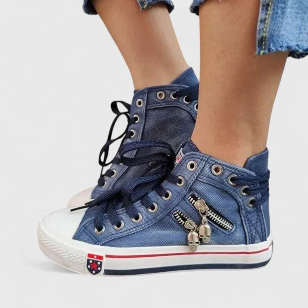 Women’s Denim High-Top Trainers – Lace-Up Casual Sneakers with Side Zip Detail