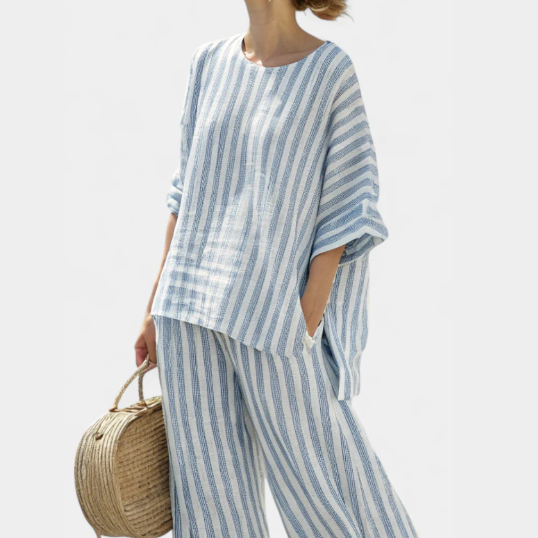 Conjunto de pantalón de rayas de pierna ancha para mujer: atuendo relajado de dos piezas para el verano
