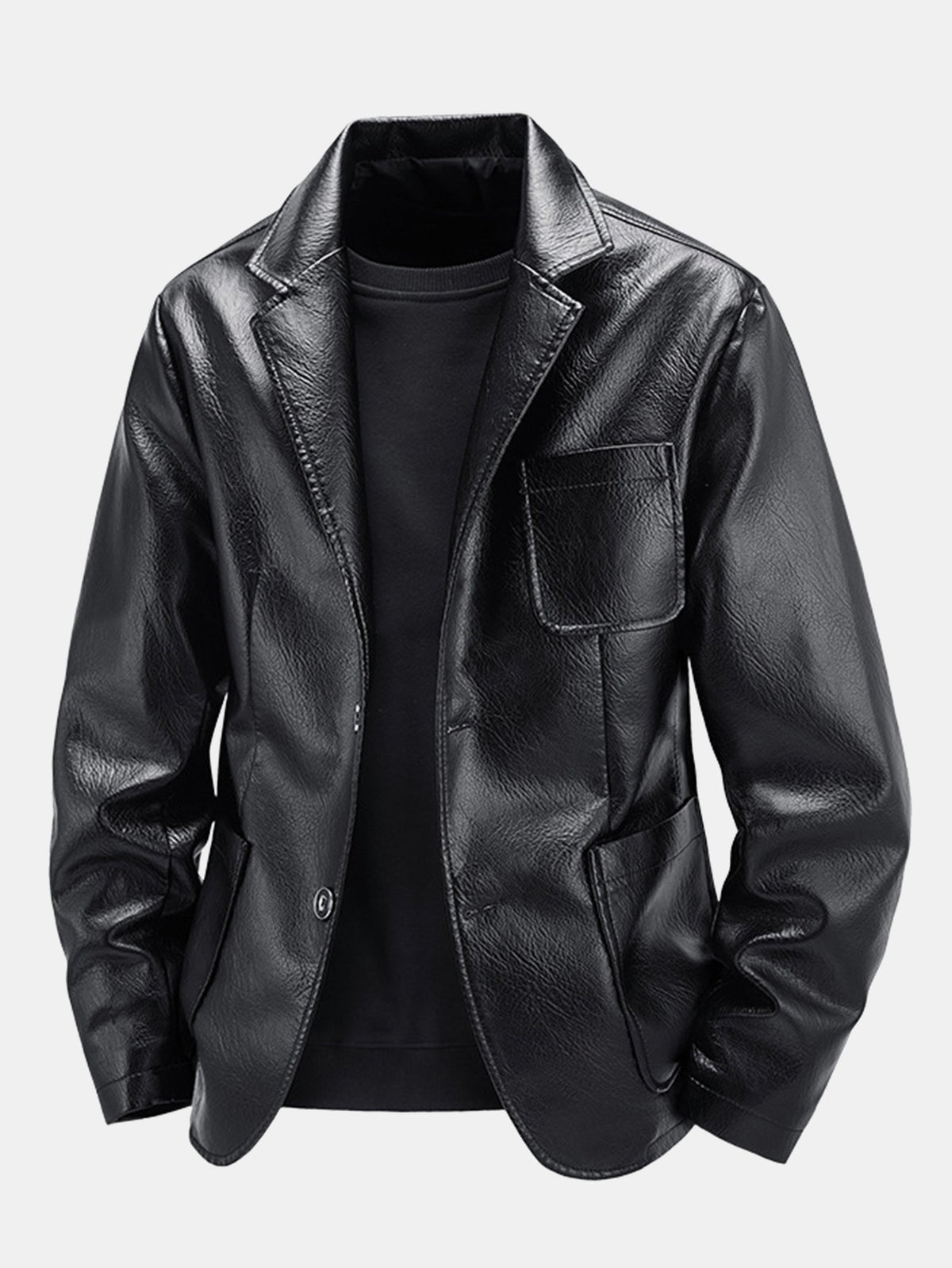 Blazer aus Kunstleder für Herren mit fallendem Revers – Elegante Freizeitjacke mit einer Knopfreihe für Herbst und Alltag