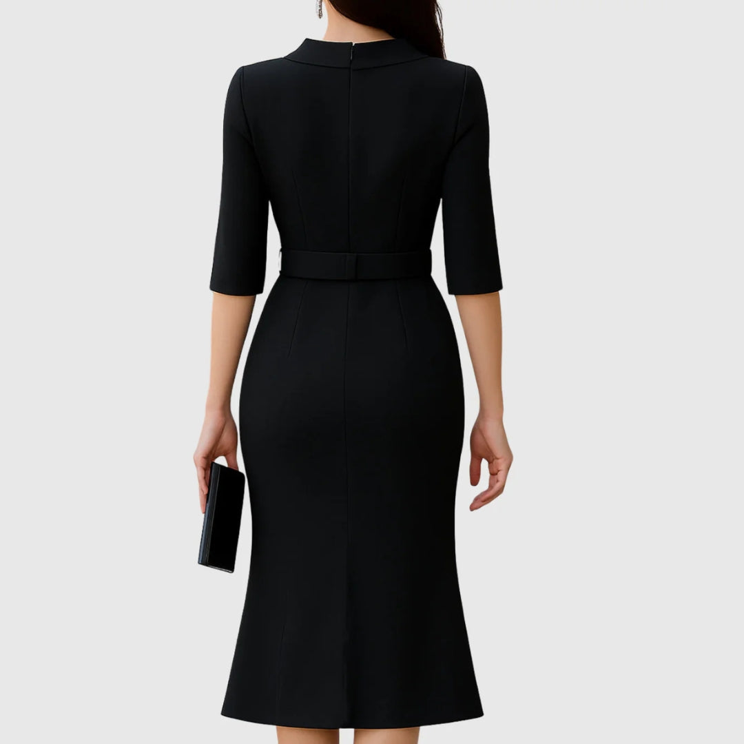 Women’s Tailored Office Midi Dress – Belted A-Line Style with Split Sleeves