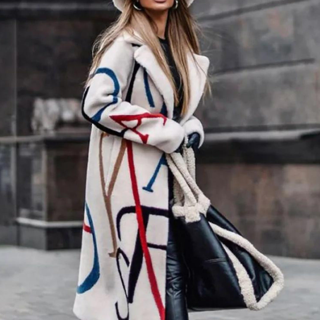 Elegante lange winterjas voor dames met opvallend dessin en brede reverskraag – overjas met lange mouwen en relaxte pasvorm voor verfijnde streetwear in de herfst en winter en smart-casual stadsoutfits