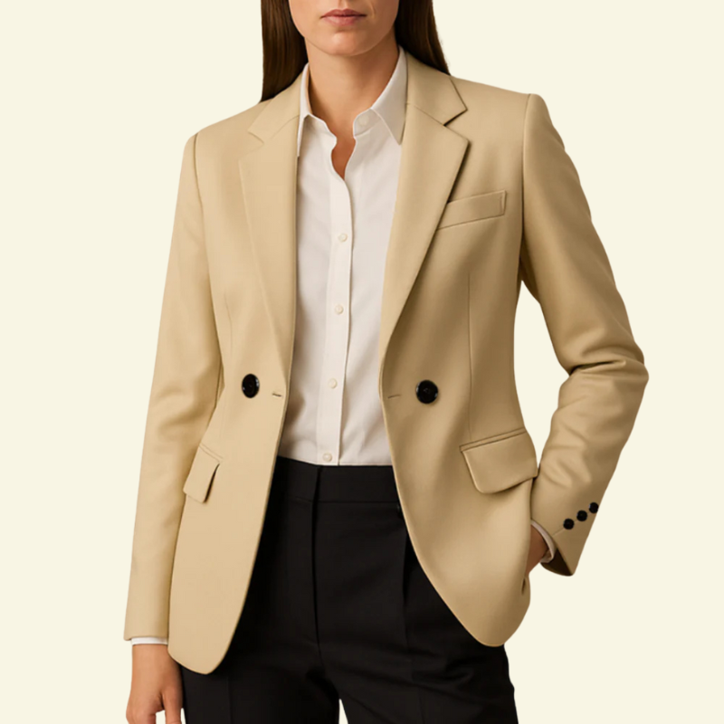 Blazer cintado para mulher, com lapela entalhada, botões decorativos e bolsos com aba - casaco elegante e estruturado para o escritório e ocasiões smart casual