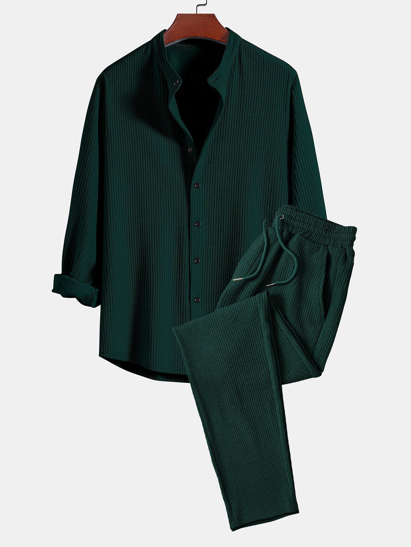 Men’s Ribbed Stand Collar Shirt and Straight-Leg Trousers – Stretch Smart Casual Co-Ord