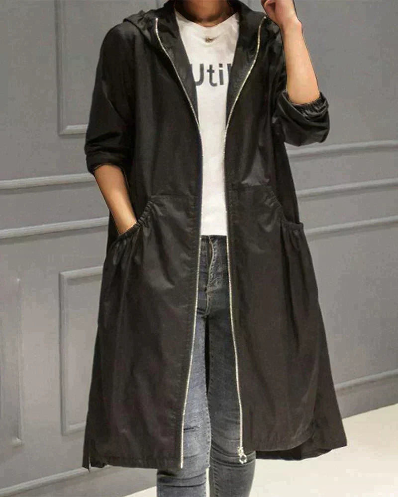 Imperméable long à capuche pour femme - manteau léger déperlant pour les voyages, la marche et le quotidien à la mi-saison
