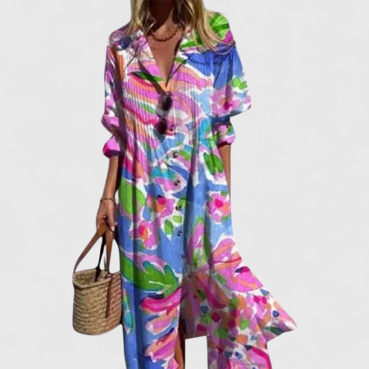 Women’s Printed Button-Front Midi Dress Relaxed Everyday Style