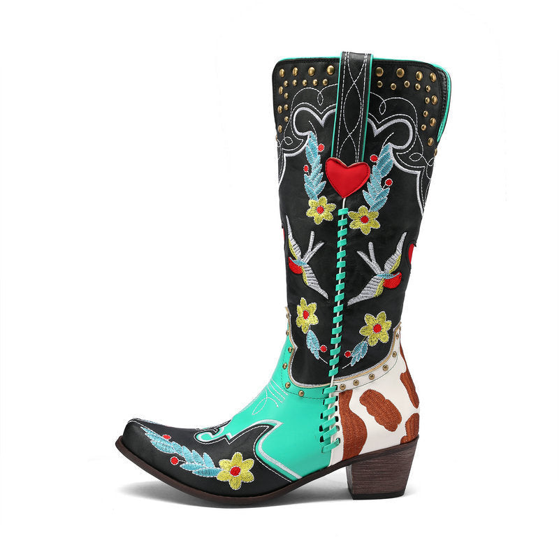 Women’s Embroidered Western Cowboy Boots – Pointed-Toe Knee-High Boots with Floral Heart and Stud Details