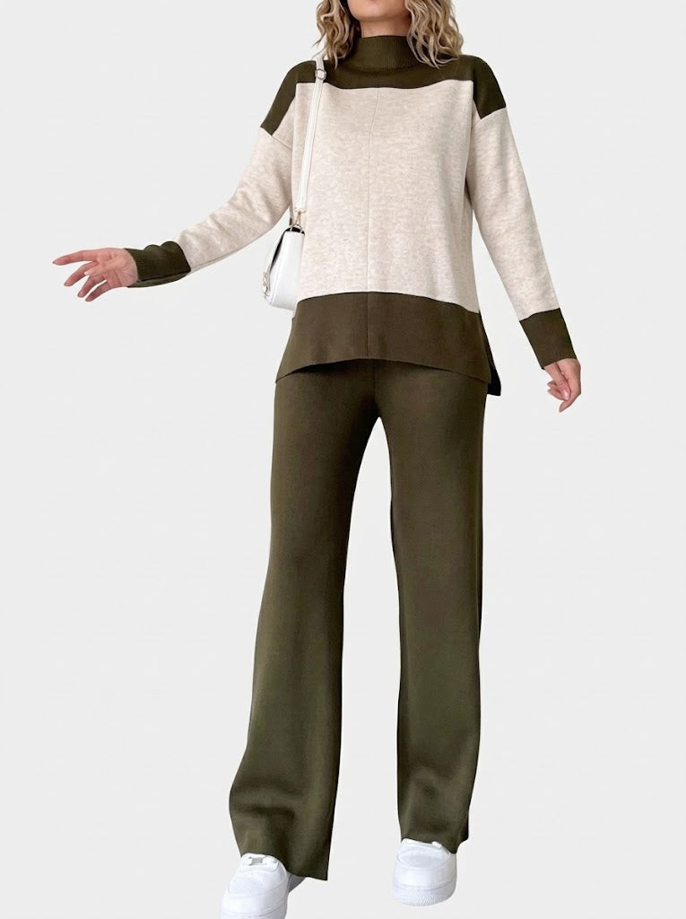 Damen-Strick-Zweiteiler im Colour-Block-Design – Langarmtop mit Stehkragen und Hose mit weitem Bein für legere Looks