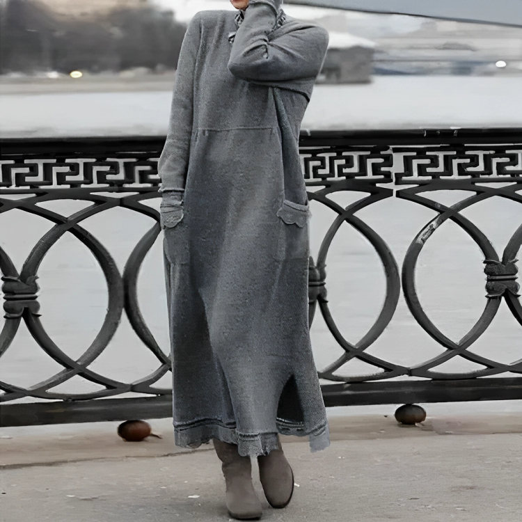 Robe longue en maille à manches longues pour femme – Style décontracté à col montant pour l’automne et l’hiver