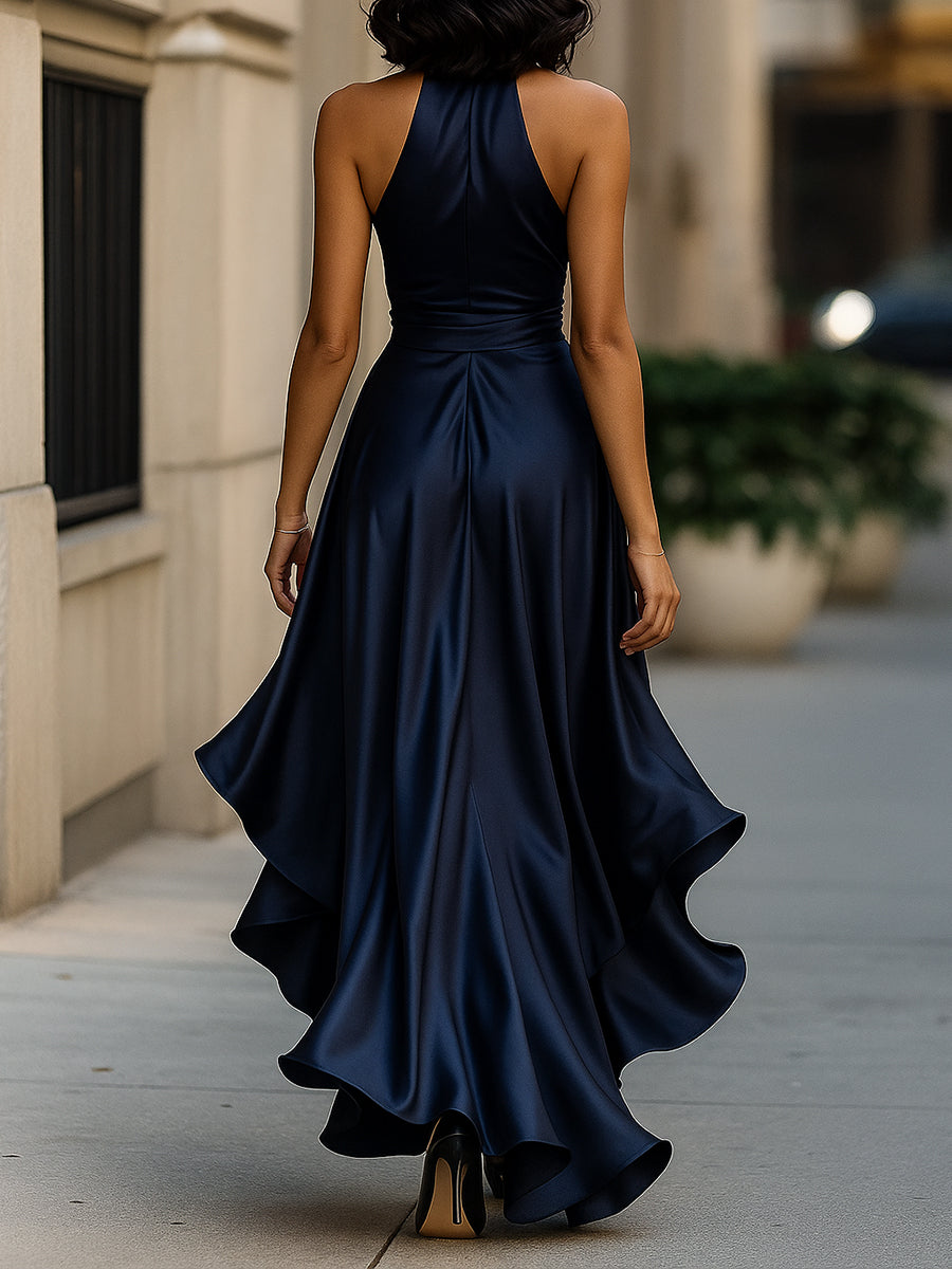 Women’s Satin Halter Evening Dress – Ruched High-Low Maxi Gown with Draped Waist for Weddings Galas and Formal Events