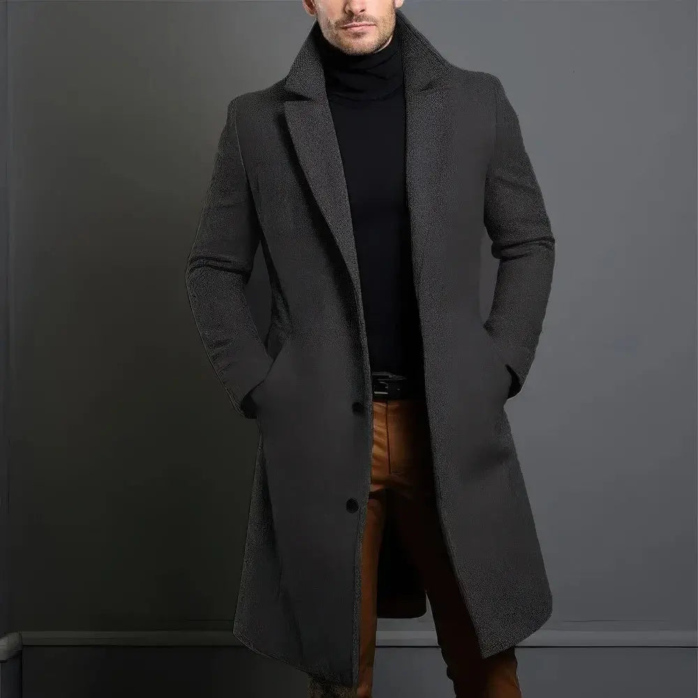 Men’s Longline Tailored Overcoat – Refined Single-Breasted Layer with Notched Lapels