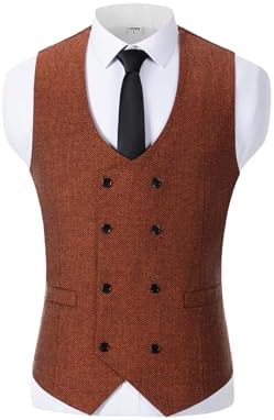 Men’s Double-Breasted Wool Tweed Waistcoat with V-Neck – Vintage Tailored Suit Vest for Weddings and Groomsmen