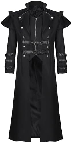 Lang steampunk-frakke til mænd med høj krave og spændedetaljer – victoriansk-inspireret gotisk lag til cosplay og temabegivenheder