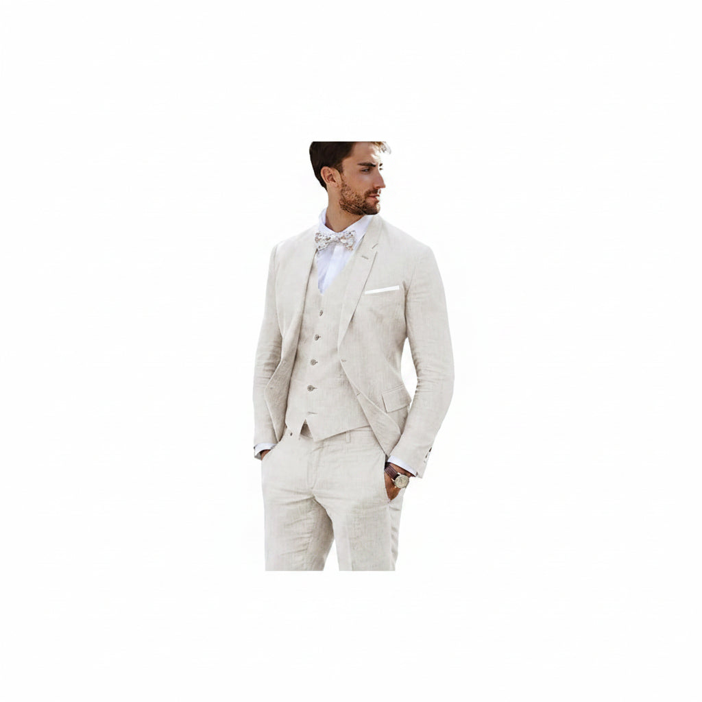 Ensemble de costume en lin ajusté pour homme – Style slim trois pièces pour mariages et événements formels