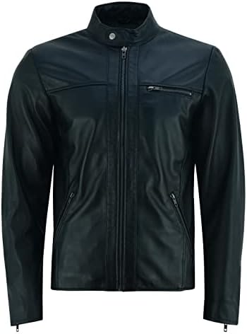 Giacca racer uomo in vera pelle d'agnello - Capo essenziale con collo a bottoni automatici e chiusura con zip, dettagli minimali sulle tasche, per gli spostamenti autunnali, serate smart casual e look quotidiani in città