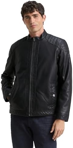 Blouson de motard pour homme en similicuir à épaules matelassées - couche zippée épurée à col montant, avec empiècements structurés, pour les trajets d’automne, les voyages le week-end, les soirées chic décontractées et le quotidien en ville