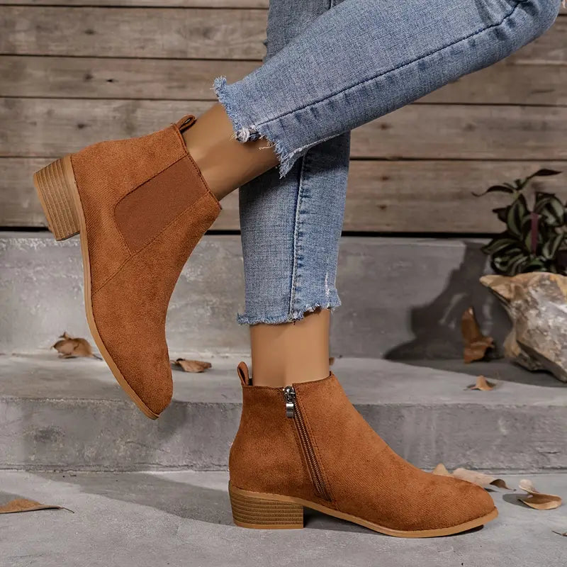 Women’s Suede-Look Ankle Boots – Side-Zip Low Block-Heel Boots for Everyday Autumn and Casual City Wear