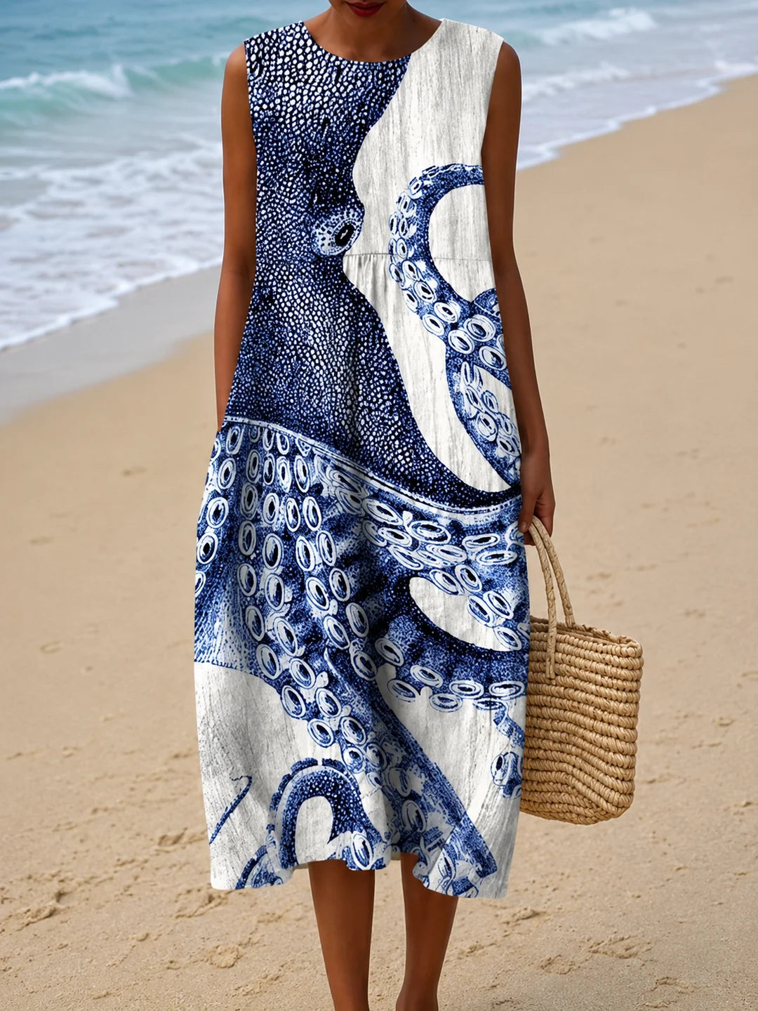 Women’s Printed Midi Beach Dress – Relaxed Sleeveless Cover-Up for Summer Holidays
