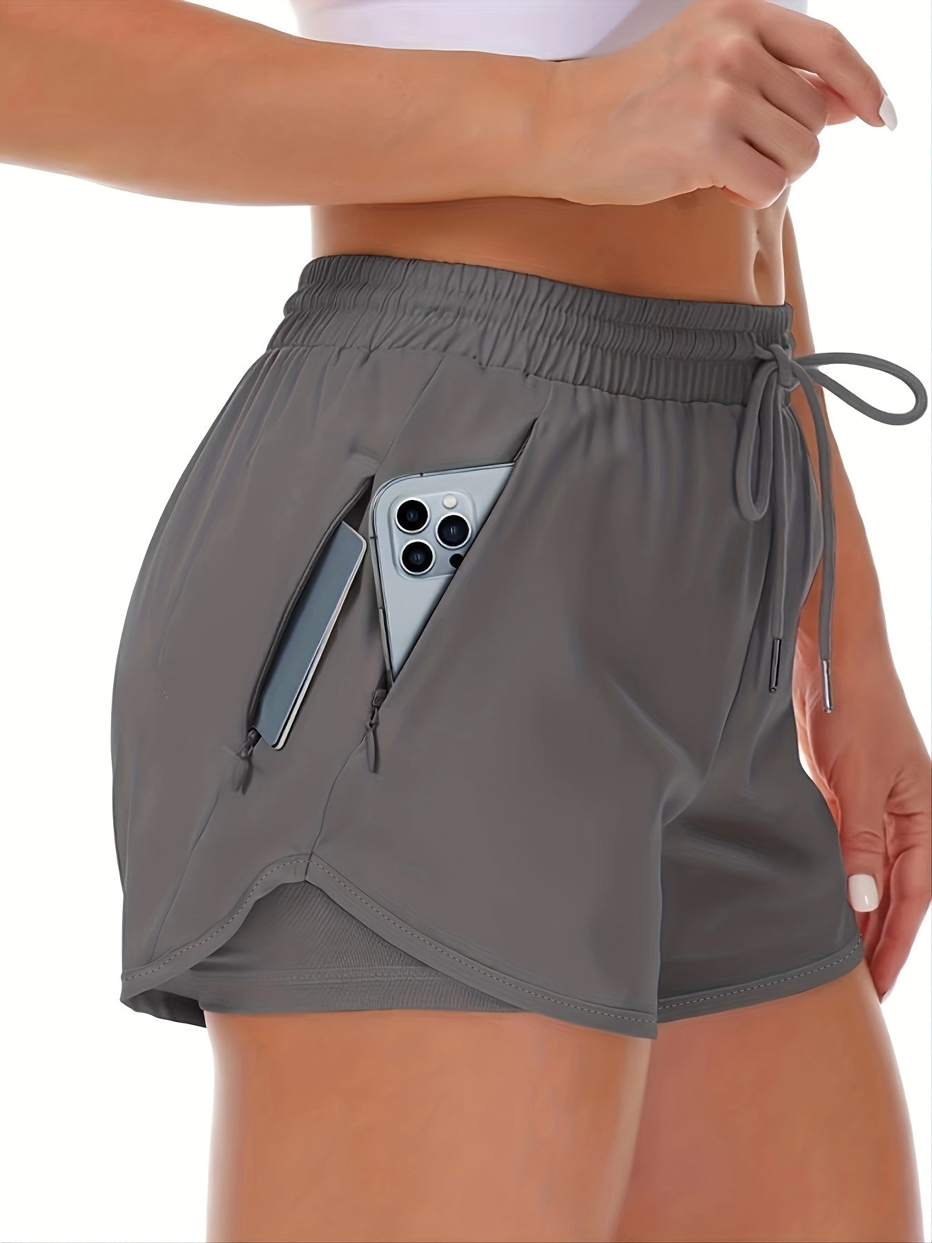 Women’s 2-in-1 Running Shorts – Lightweight Layered Fitness Style with Zip Pockets