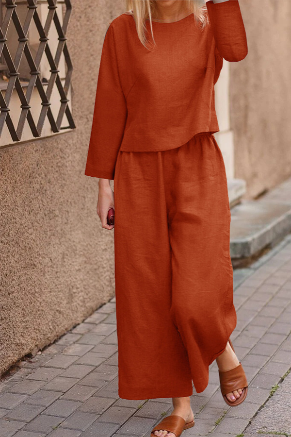 Women’s Linen Lounge Set – Layered Three-Quarter Sleeve Top with Wide-Leg Trousers for Summer Wear