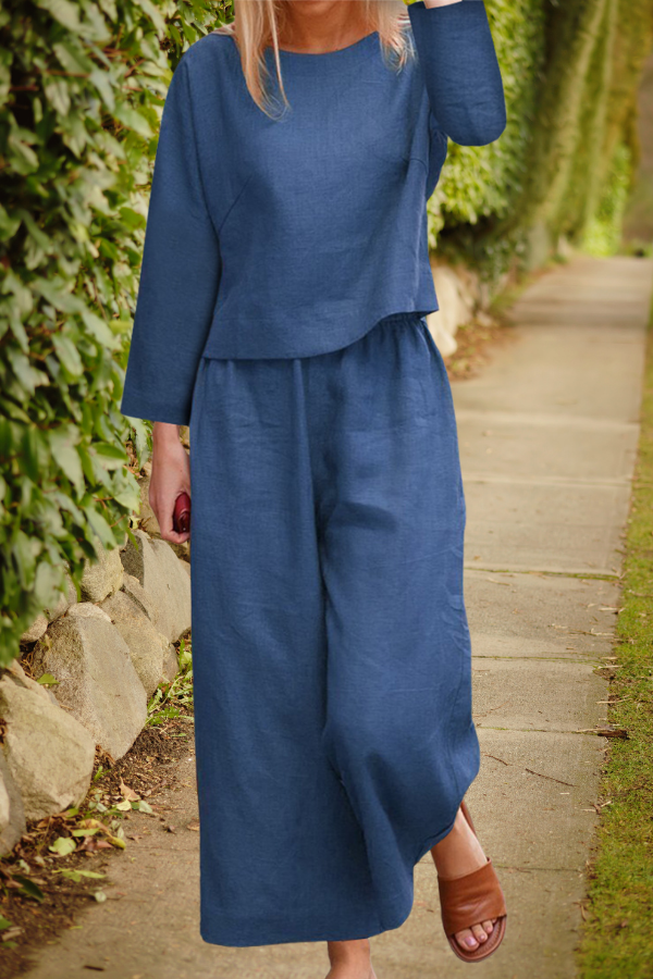 Women’s Linen Lounge Set – Layered Three-Quarter Sleeve Top with Wide-Leg Trousers for Summer Wear