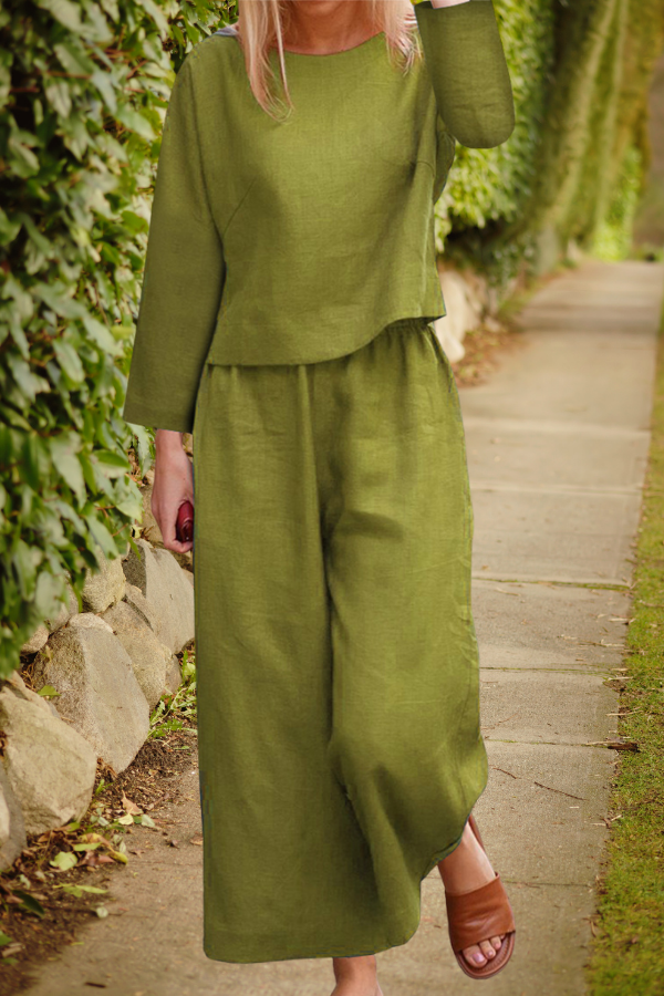 Women’s Linen Lounge Set – Layered Three-Quarter Sleeve Top with Wide-Leg Trousers for Summer Wear
