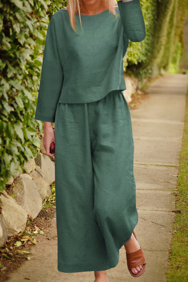Women’s Linen Lounge Set – Layered Three-Quarter Sleeve Top with Wide-Leg Trousers for Summer Wear