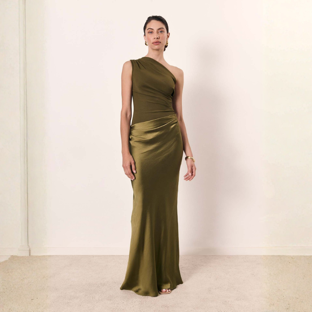 Women’s Fitted Wedding Guest Gown – One-Shoulder Evening Dress with Draped Waist