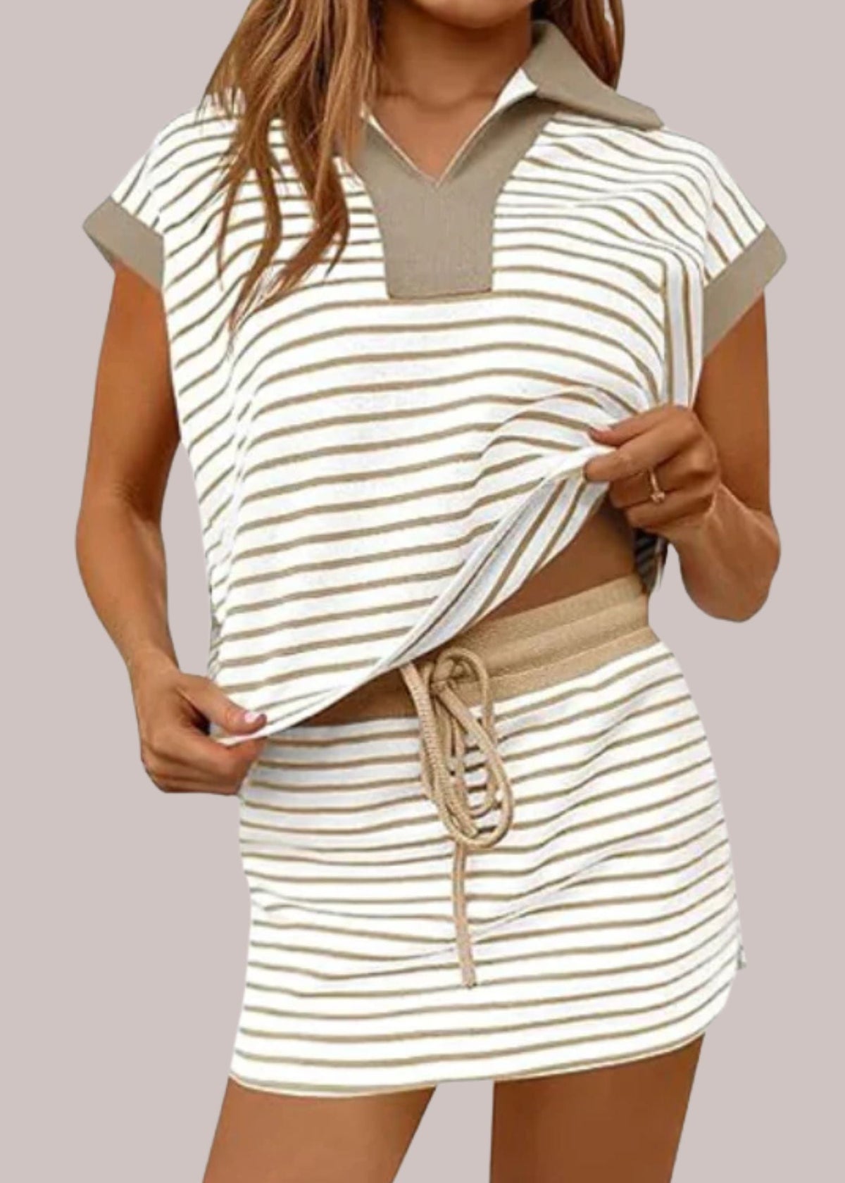 Set de damă cu top polo lejer cu mâneci lungi și fustă-pantalon cu șnur - ținută de vară imprimată din două piese pentru ținute casual de zi cu zi