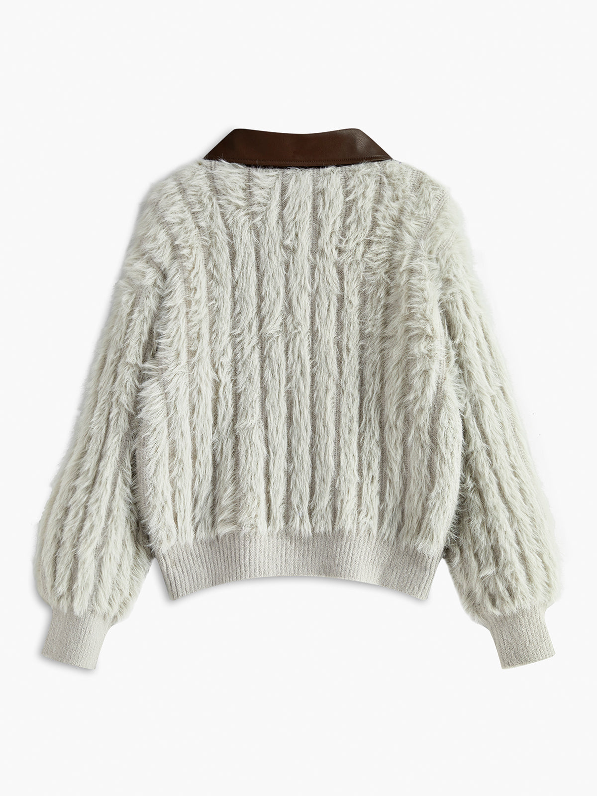Pluizig gebreid vest met knopen aan de voorkant voor dames - zacht vest met textuur, lange mouwen en cropped pasvorm, met contrasterende PU-kraag voor de herfst en winter