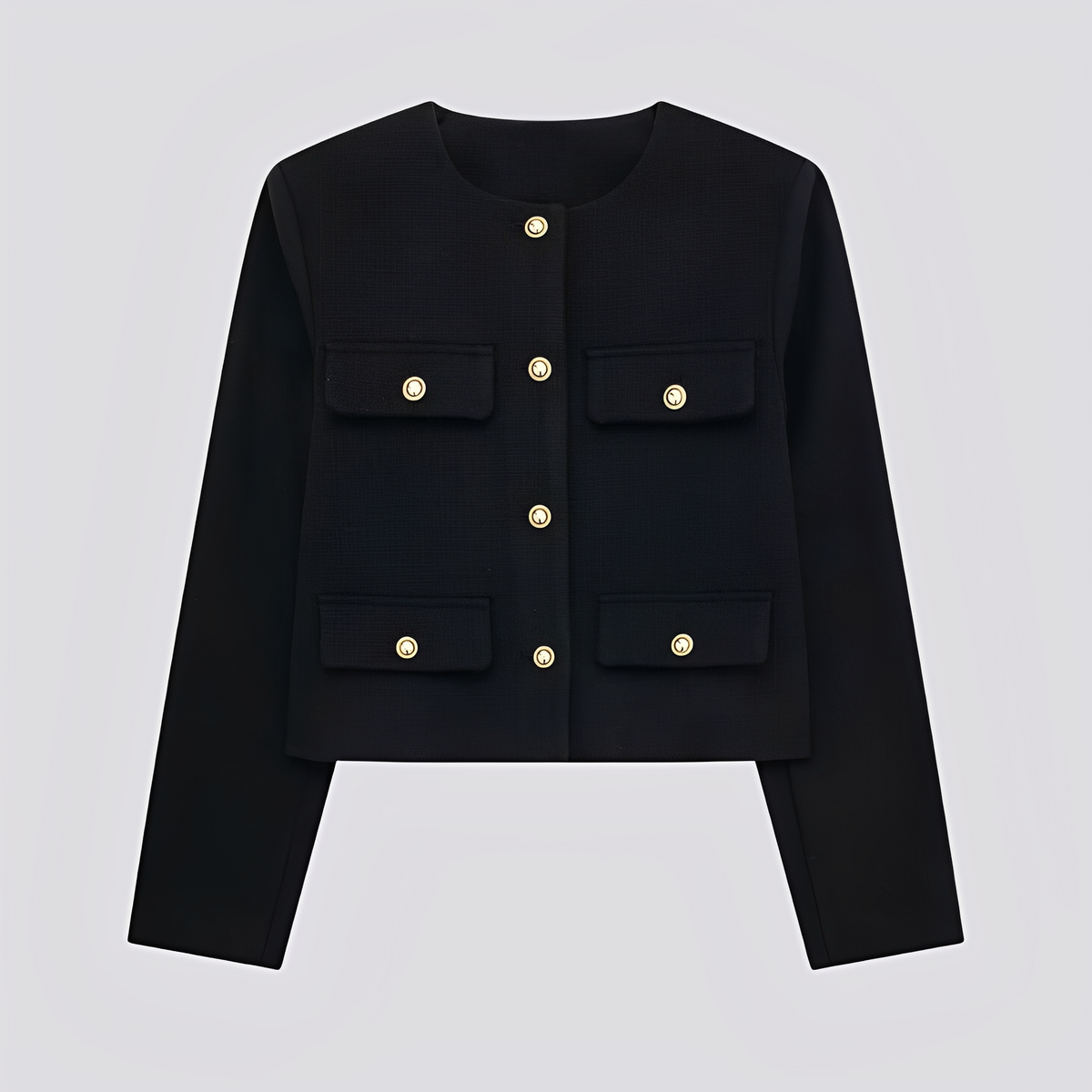Kort damesjasje zonder kraag met decoratieve knopen en klepzakken - elegante getailleerde laag voor nette casual outfits