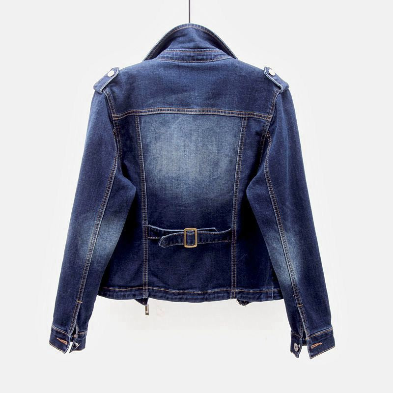 Dames bikerjakke i denim – kort motojakke med lynlåslukning og reverskrave til afslappet hverdagsbrug