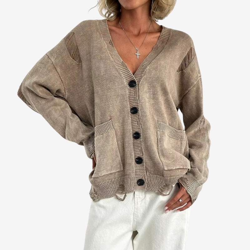 Damesvest van vintage gewassen, distressed breisel met zakken - losvallend vest met lange mouwen, V-hals en knoopsluiting voor casual laagjeslooks in de herfst en lente