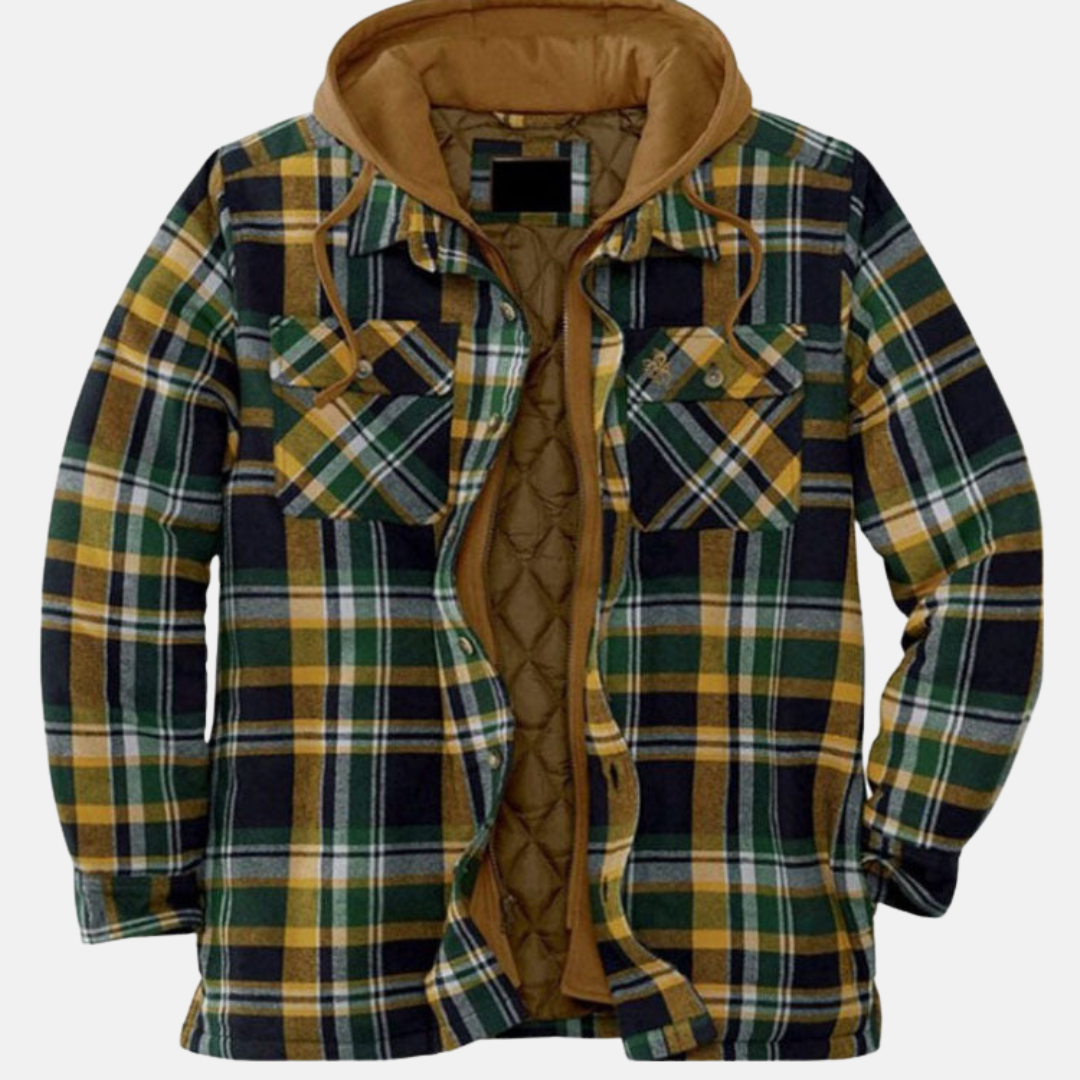 Men’s Warm Hooded Overshirt Jacket – Printed Quilted Layer for Outdoor Wear