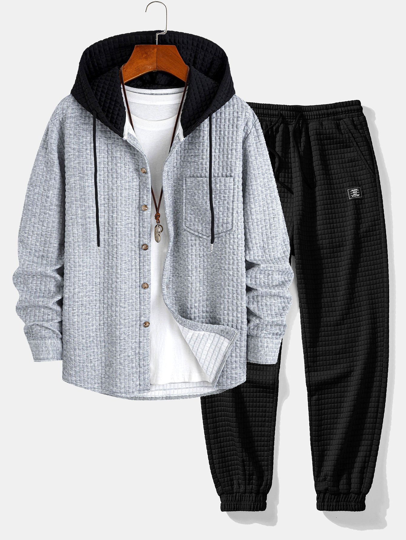 Ensemble chemise à capuche gaufrée pour homme et pantalon jogger – tenue décontractée texturée pour le week-end