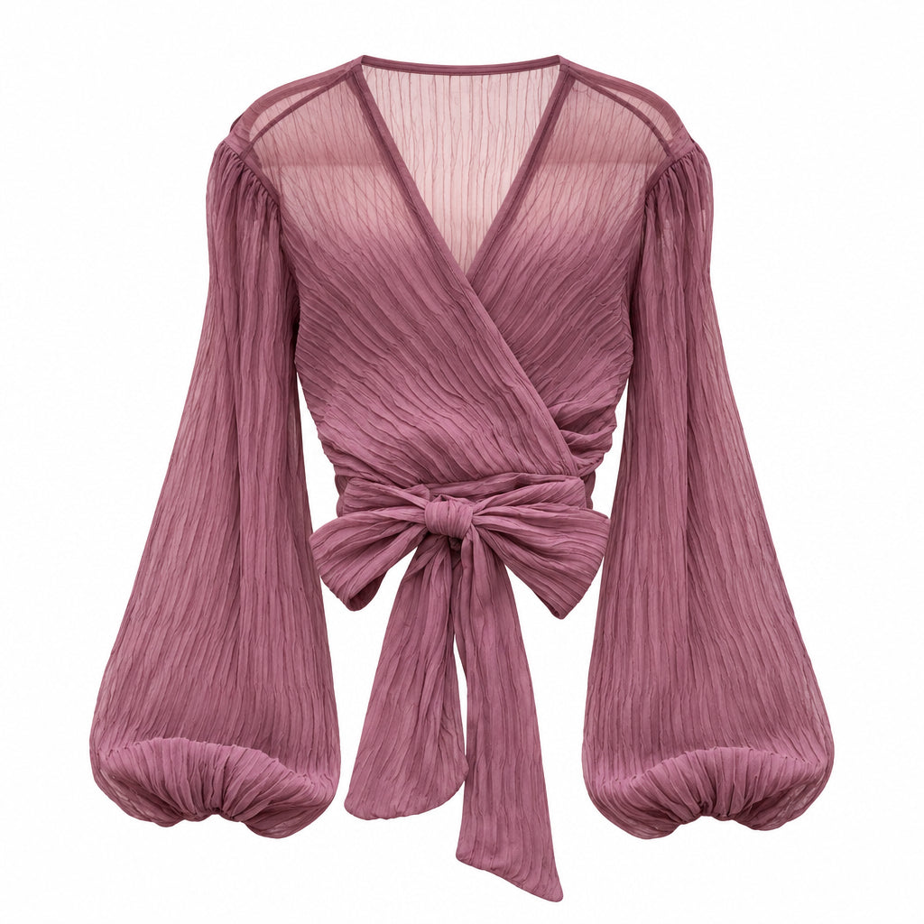 Damenbluse mit V-Ausschnitt und Wickeldesign – plissiertes Oberteil mit langen Ärmeln und Bindeband vorne für elegante Freizeitlooks