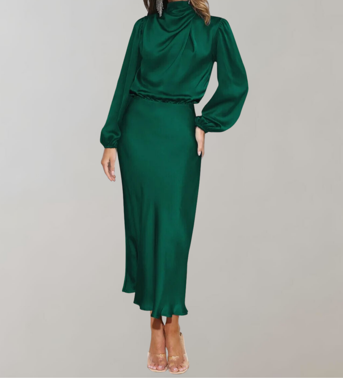 Women’s Satin High Neck Midi Dress Long Sleeve