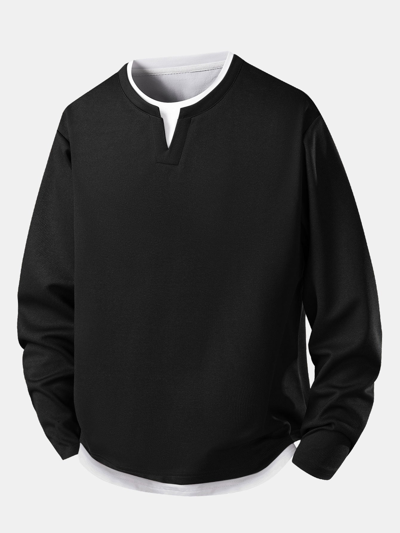 Men’s Layered Notch Neck Long-Sleeve T-Shirt – Relaxed Textured Casual Top