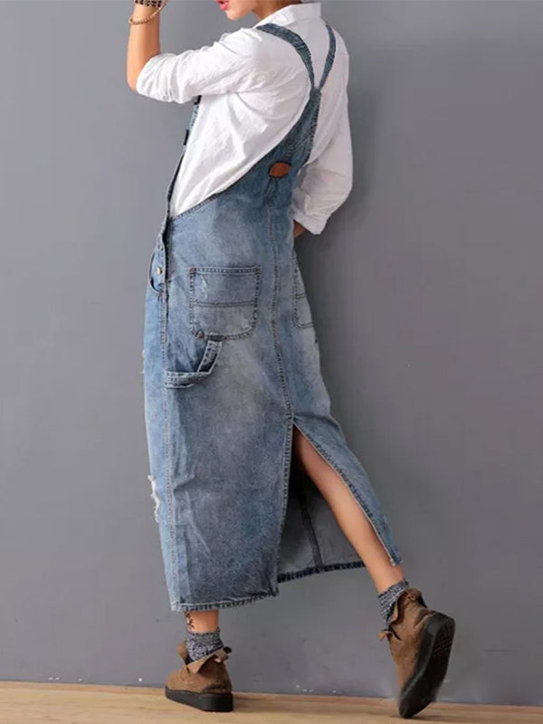 Vestido Maxi Pinafore de Ganga Desgastada para Mulher com Bolsos